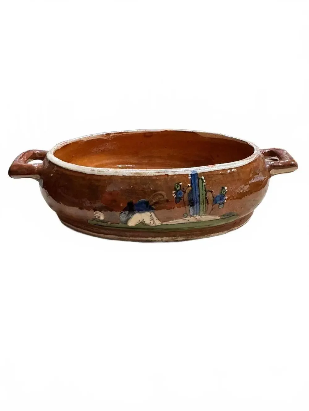 Vintage Mexican Terracotta Tonala Redware Oval Casserole Dish Bowl Sleeping Man